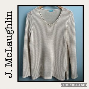 J. McLaughlin V-Neck Beige and Cream Striped Sweater Size S